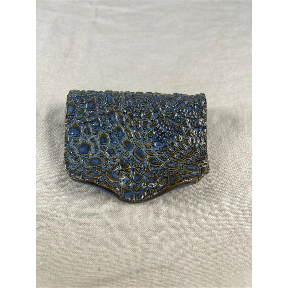 Handmade Studio Art Pottery Spoon Rest Ceramic Blue Bronze Reptile Sponge Holder